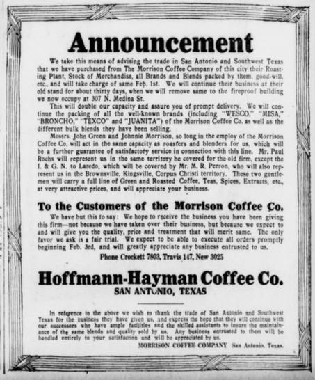 Framed display: announcement plus “To the Customers of the Morrison Coffee Co.” and Morrison valedictory